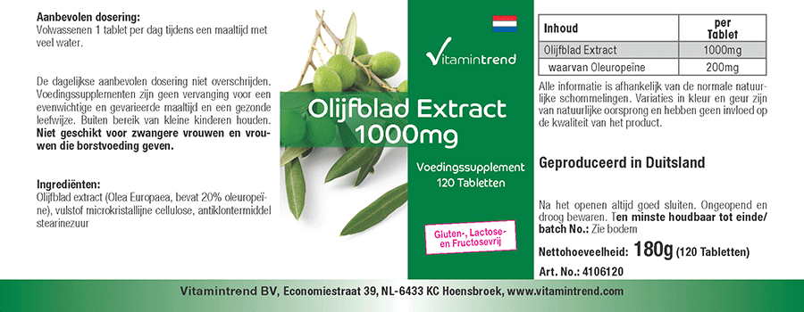 Estratto di foglie d'olivo 1000mg, 120 compresse, 20% oleuropeina, ad alto dosaggio, vegan