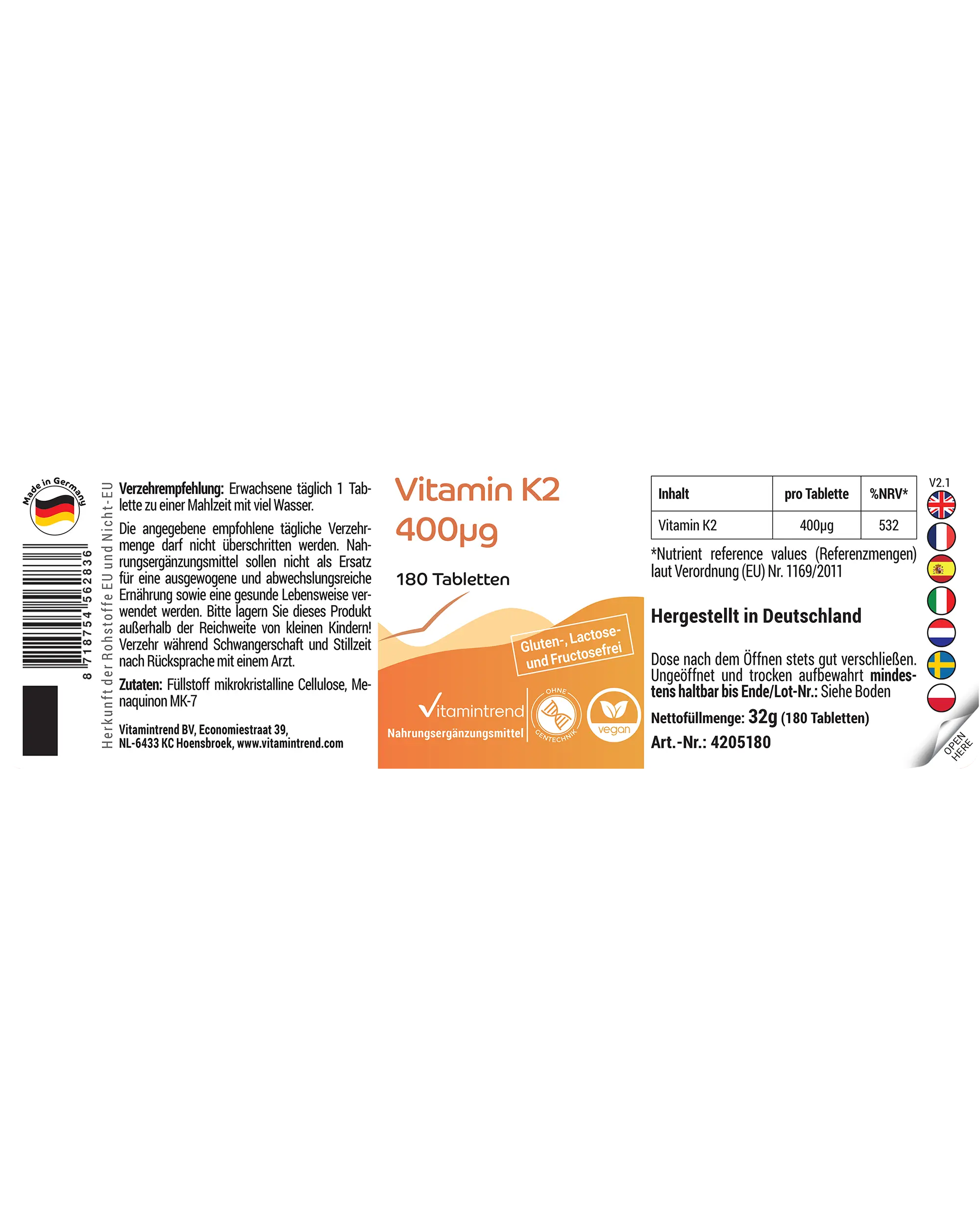 Vitamin K2 400μg - 180 Tabletten | Vitamintrend