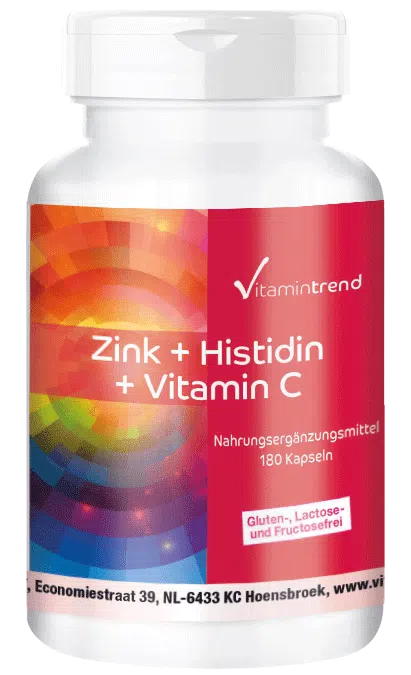 Zinc + Histidina + Vitamina C - 180 Cápsulas Vegano