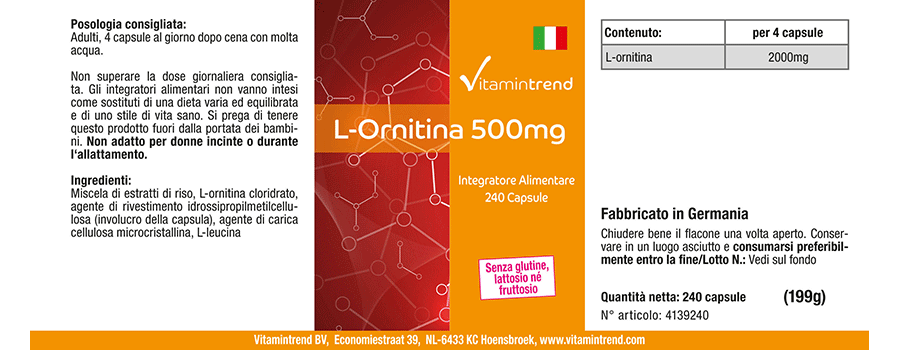 L-Ornitina 500mg - Vegano - 240 Cápsulas - Envase grande