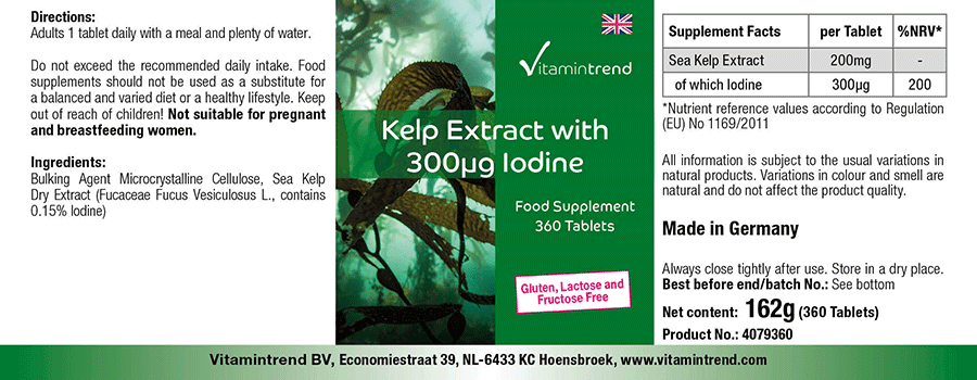 Kelp-Extrakt mit 300µg Jod 360 vegane Tabletten, hochdosiert, Großpackung für 1 Jahr