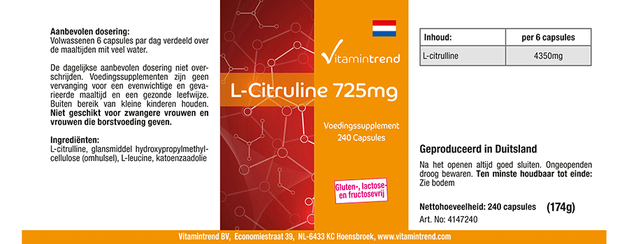 L-Citrullin 725mg - vegan - 240 Kapseln - Großpackung