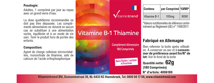 Vitamin B1 100mg Thiamine - 180 tablets Vegan