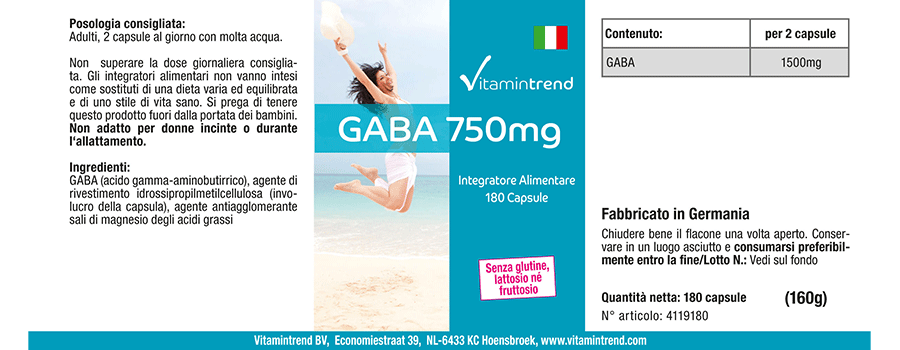 GABA 750mg - hochdosiert - vegan - 180 Kapseln