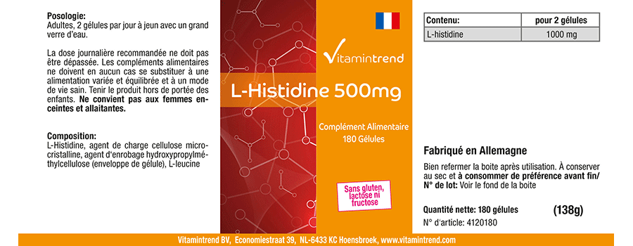 L-Histidina 500mg - Alta dosificación - Vegano - 180 Cápsulas - Bote grande