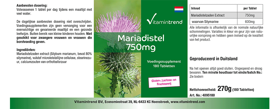 Mariendistel Extrakt 750mg 180 Tabletten, vegan, 80% Silymarin, hochdosiert, Großpackung für  1/2  J