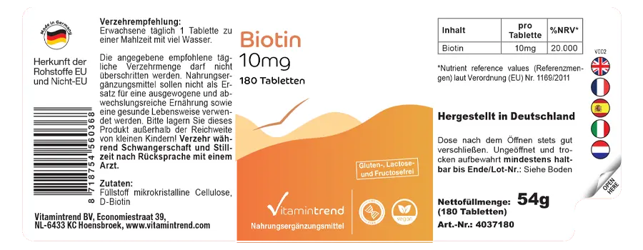 Biotin 10mg 180 Tabletten, hochdosiert, vegan, Großpackung für 1/2 Jahr