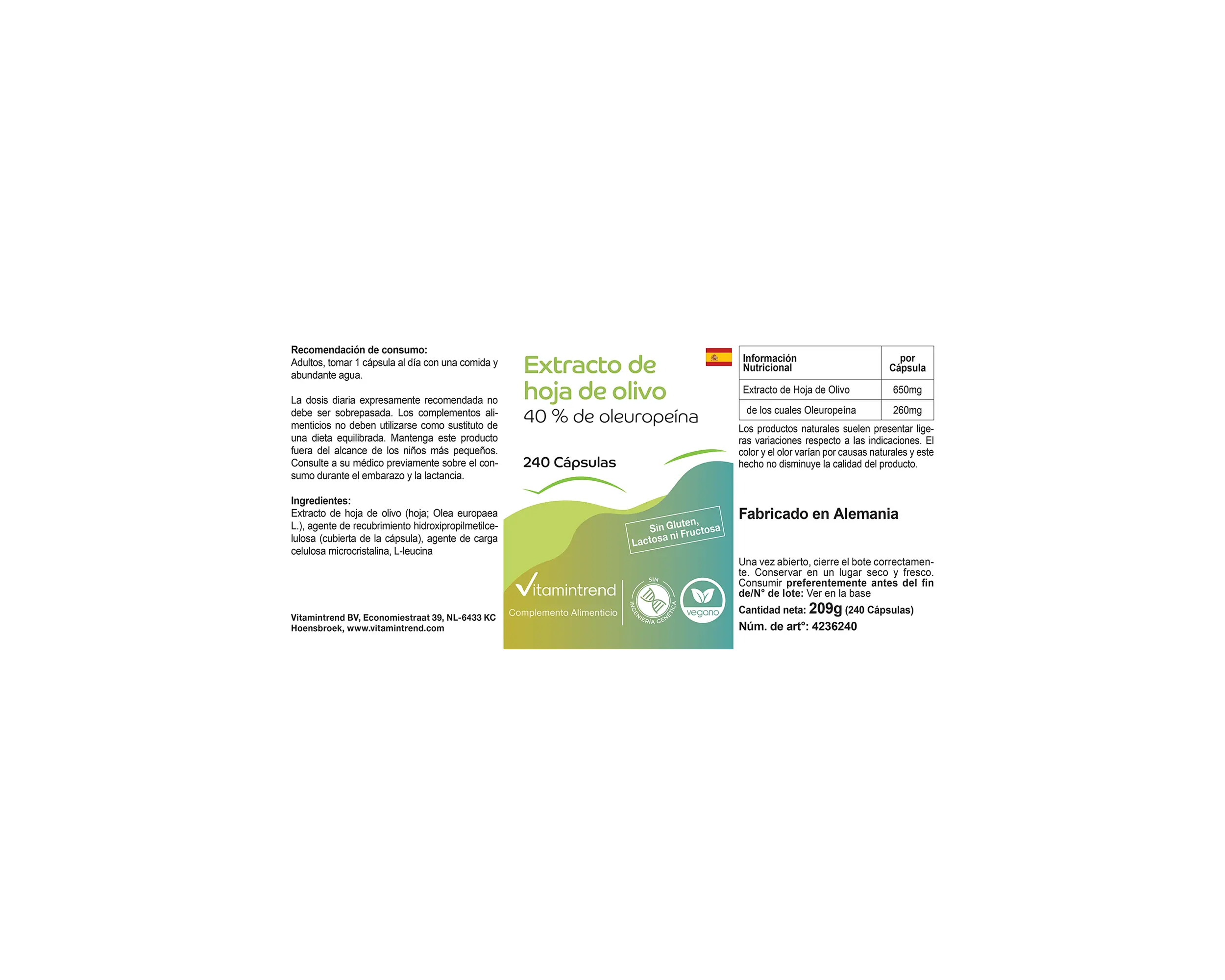 Extrait de feuille d’olivier avec 40% d’oléuropéine - 240 gélules | Vitamintrend