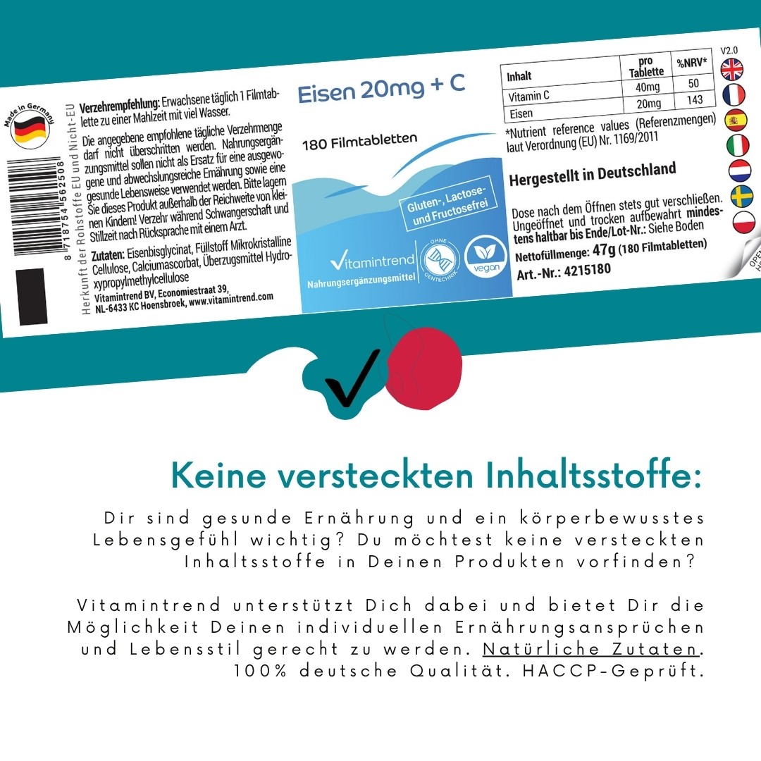 Eisen 20mg + C - 180 Filmtabletten | Vitamintrend