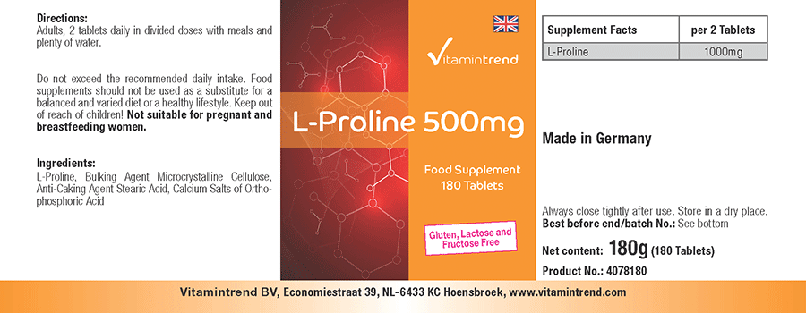 L-Prolin 500mg 180 Tabletten für 1/4 Jahr - Aminosäure für die Kollagensynthese
