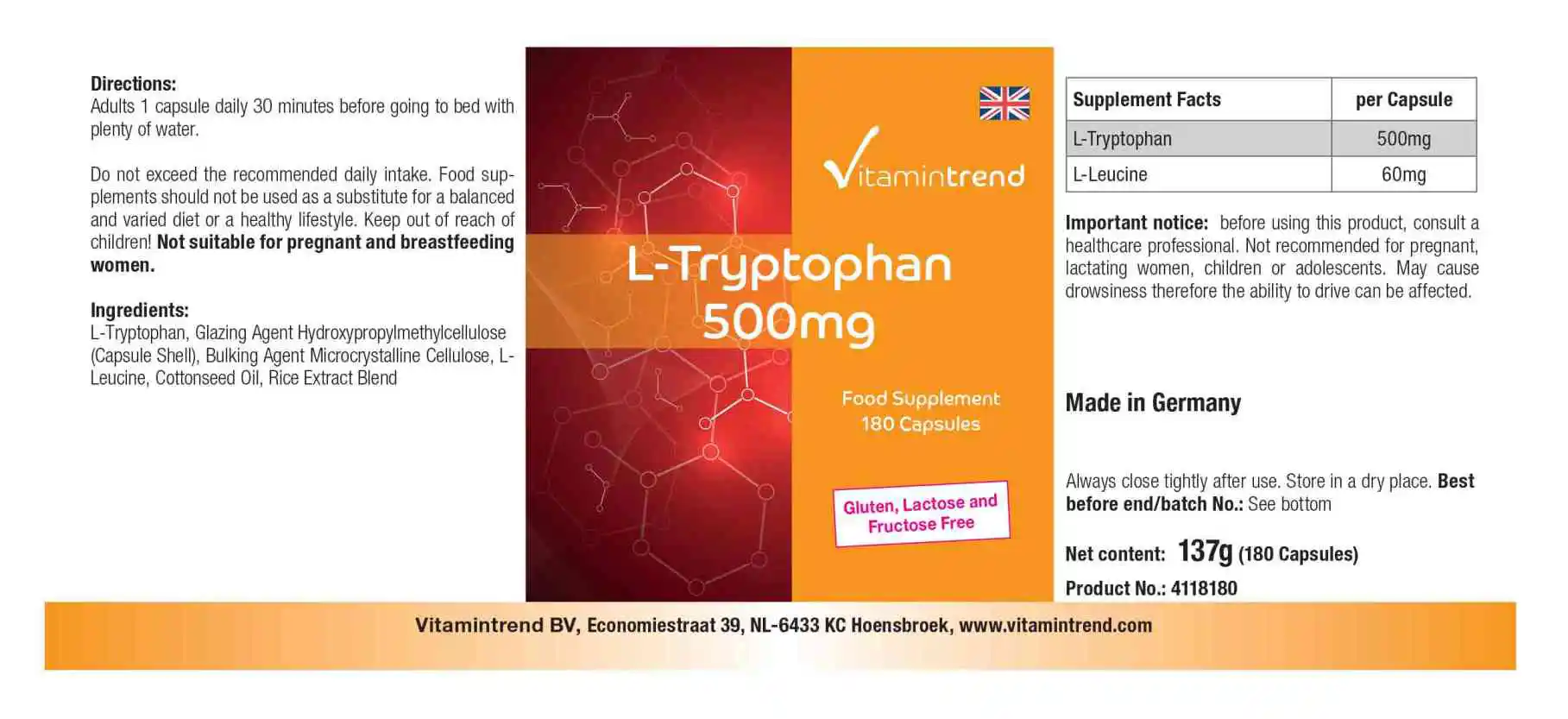 L-Tryptophan 500mg - vegan – 180 Kapseln – Großpackung