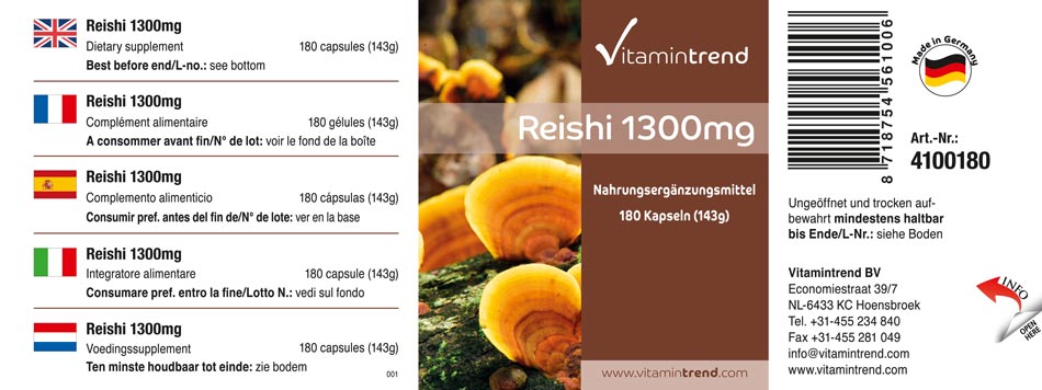 Reishi 1300mg por 2 cápsulas - 180 cápsulas - Tratamiento para 3 meses