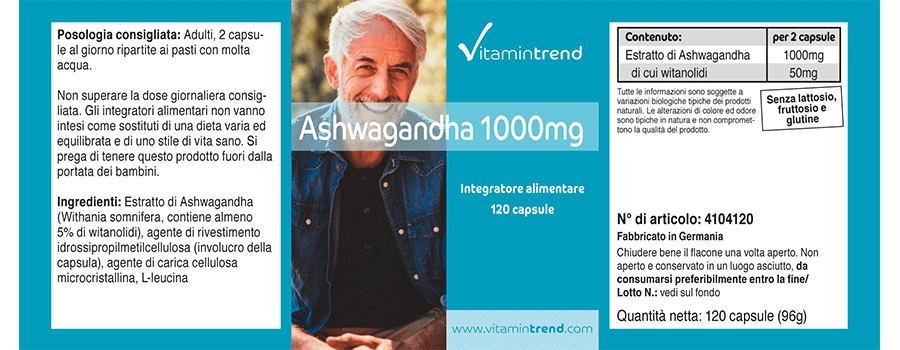 Ashwagandha - Dose journalière de 1000mg - 120 gélules Véganes - Fabriqué en Allemagne