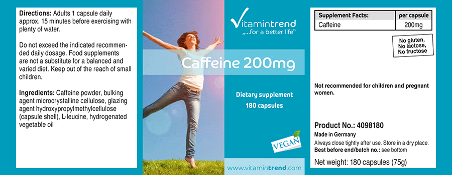 Koffein 200mg - 180 Kapseln, vegan, Großpackung