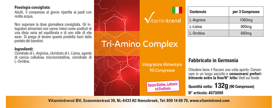 Tri-Amino-Komplex 90 Tabletten, L-Arginin L-Ornithin L-Lysin, vegan