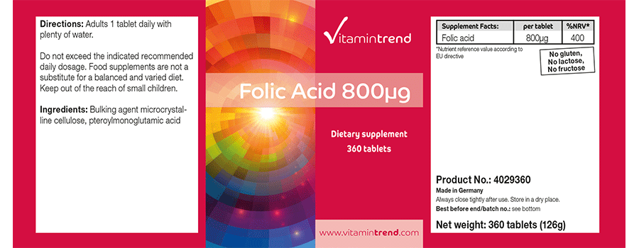 Acido folico 800µg 360 compresse - Vegan - Confezione per 1 anno