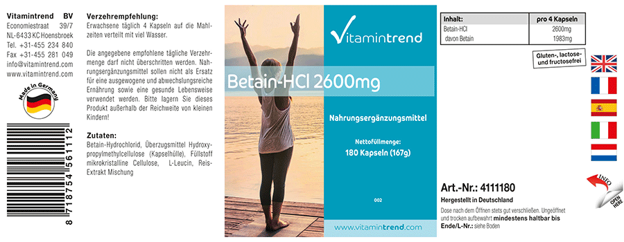 Betain-HCL 2600mg Tagesverzehr - 180 Kapseln, vegan