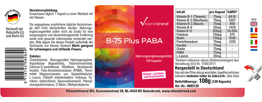 Vitamina B-75 più PABA, 120 capsule, vegan, pacchetto alla rinfusa per 120 giorni