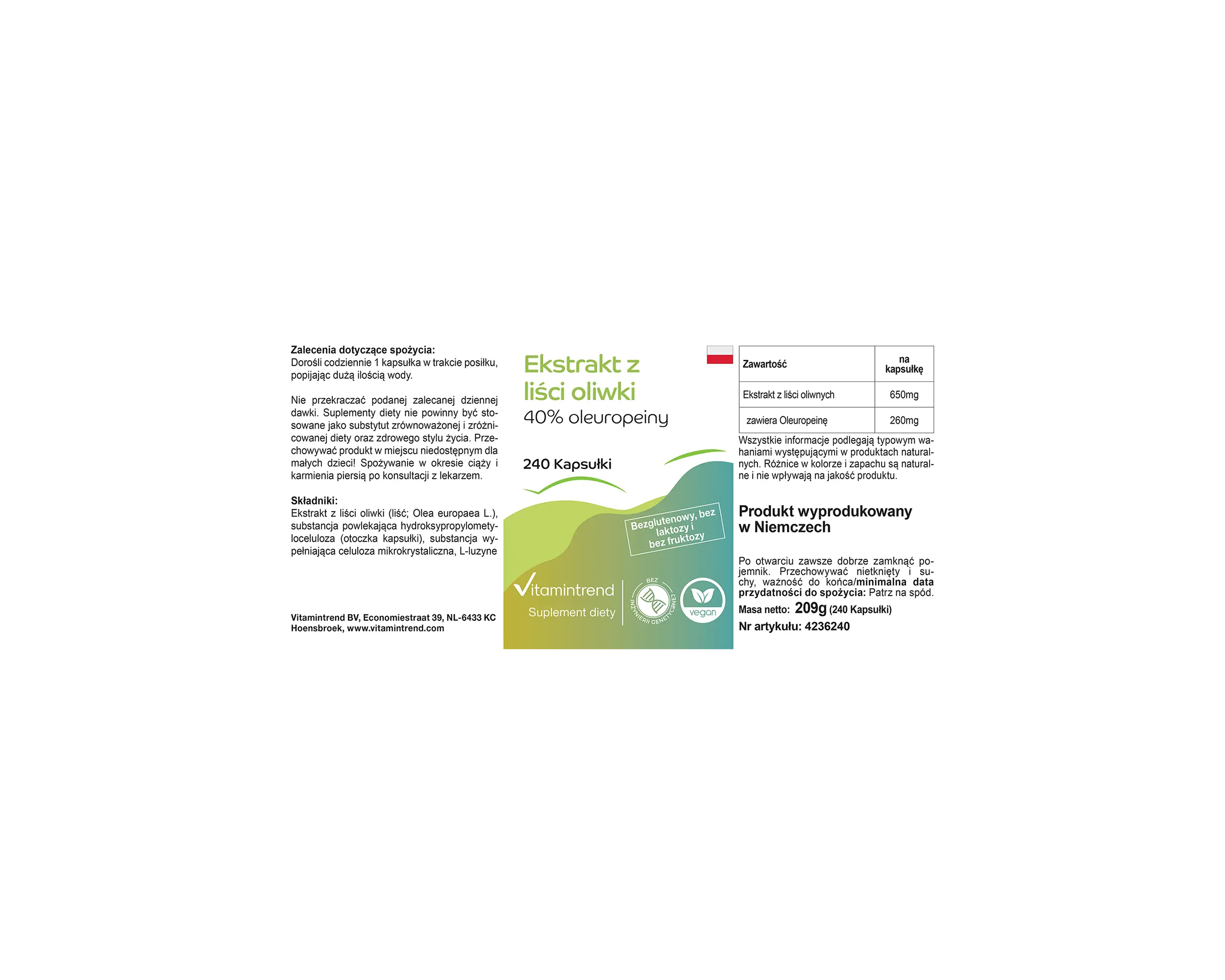 Extrait de feuille d’olivier avec 40% d’oléuropéine - 240 gélules | Vitamintrend