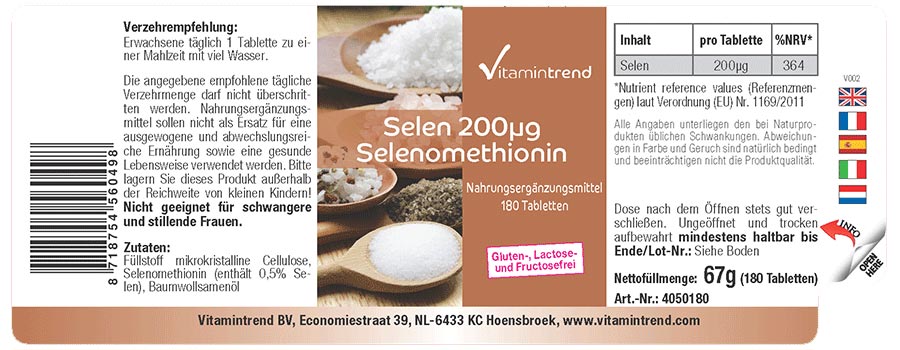 Selen 200µg als Selenmethionin 180 Tabl., hochdosiert, für  1/2  Jahr, organisch, hefefrei