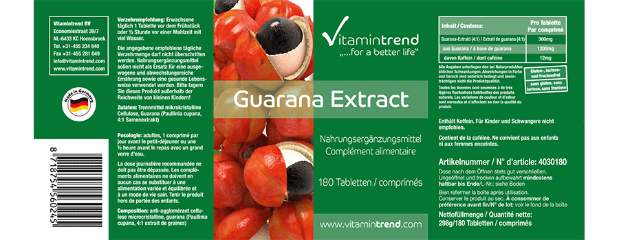 Guarana Extrakt (4:1) 300mg 180 Tabletten - 4-fach konzentriert für 1/2 Jahr