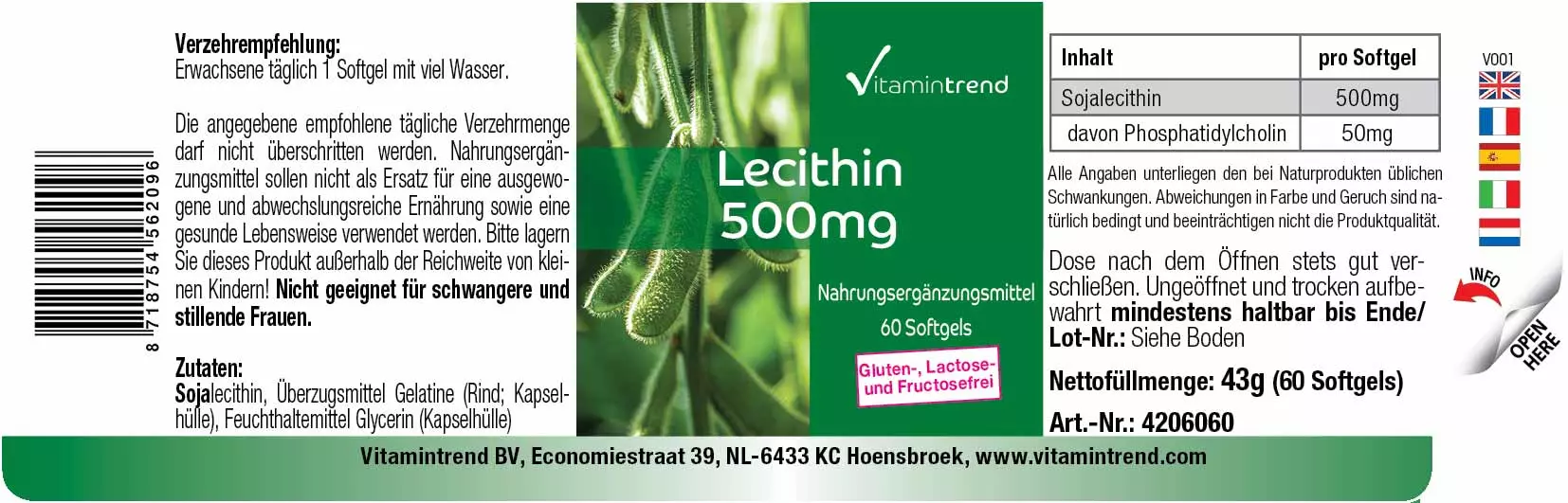 Lecithin 500mg - 60 Softgels - Phosphatidylcholin