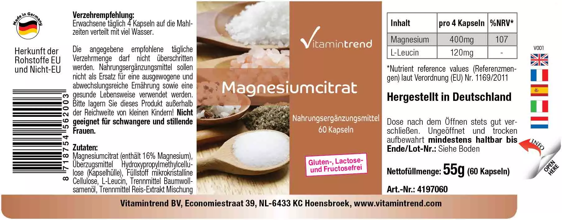 Magnesiumcitrat - 60 Kapseln - organisch gebundenes Magnesium