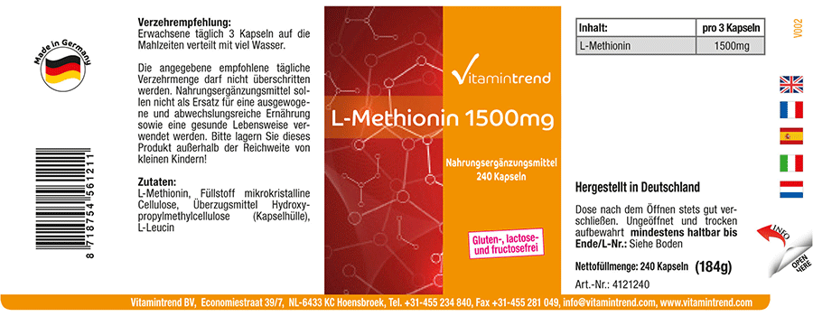 L-methionine 1500mg daily intake - 240 capsules, vegan
