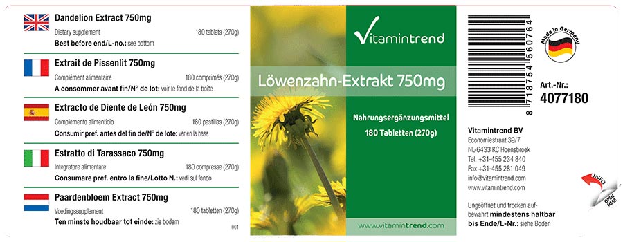 Löwenzahn-Extrakt 750mg - 180 Tabletten, 10-fach konzentriert, vegan