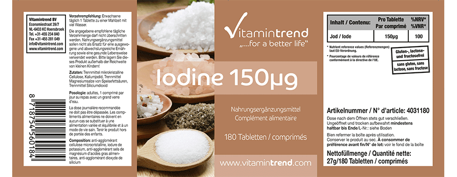 Iode 150µg 180 comprimés d'iodure de potassium, flacon avantageux de 6 mois, végétarien