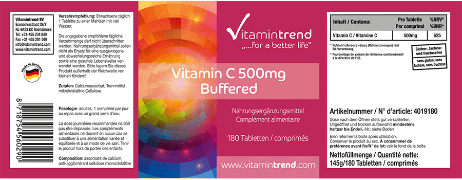Vitamin C 500mg gepuffert 180 Tabletten Calciumascorbat, Großpackung für 1/2 Jahr