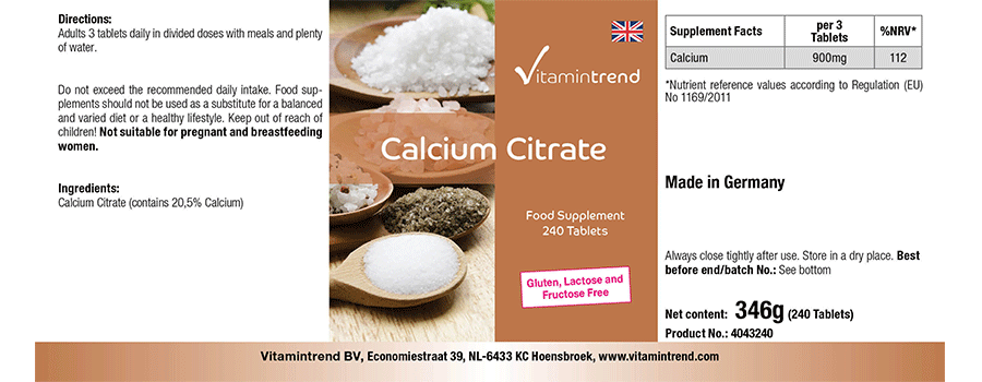 Citrate de calcium avec 300mg de calcium 240 comprimés, organique, substance pure, végétalien