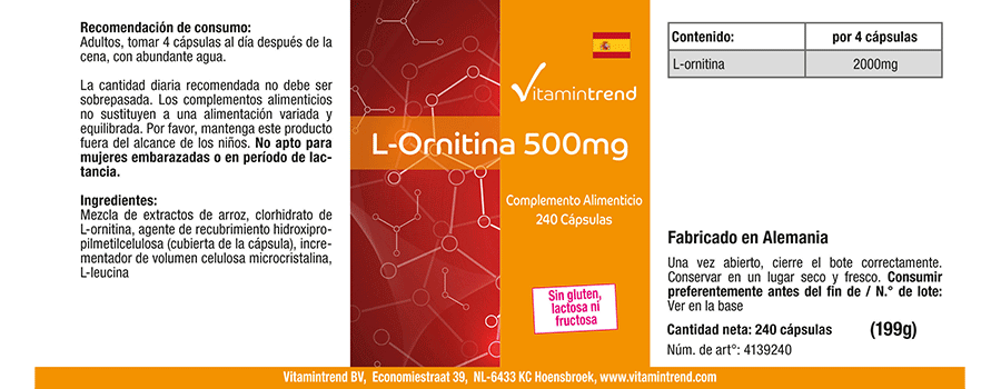 L-Ornithin 500mg - vegan - 240 Kapseln - Großpackung