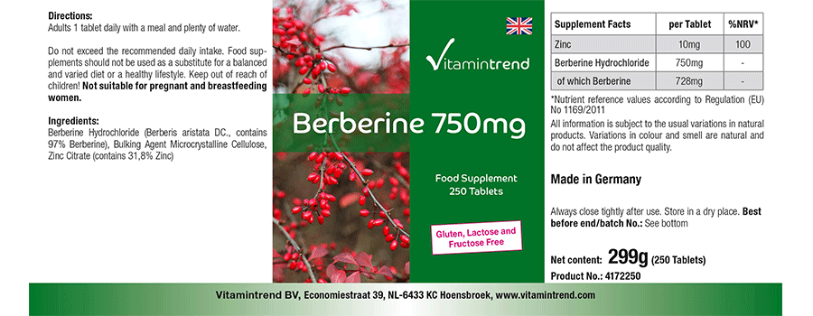 Berberin 750mg - hochdosiert - vegan - 250 Tabletten