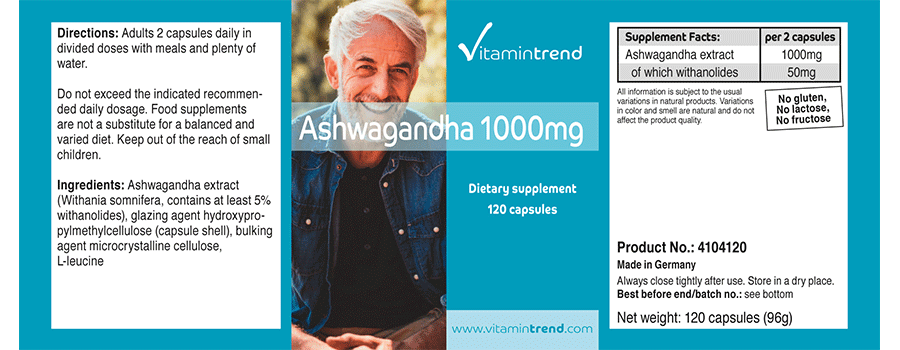 Ashwagandha - Dose journalière de 1000mg - 120 gélules Véganes - Fabriqué en Allemagne