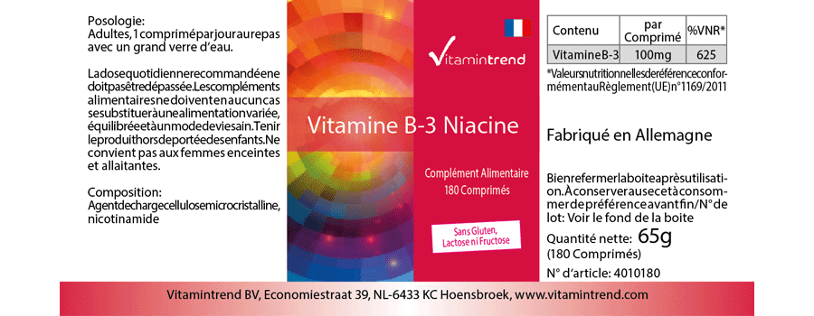 Niacin 100mg - 180 Tabletten Vitamin B3 - Großpackung  für 1/2 Jahr - Vegan