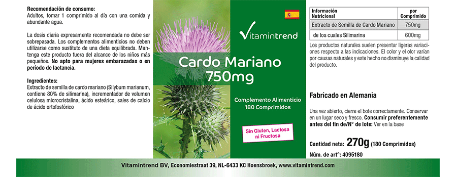 Cardo Mariano 750mg - 80% de silimarina - Vegano - 180 comprimidos - ¡ Para 6 MESES!