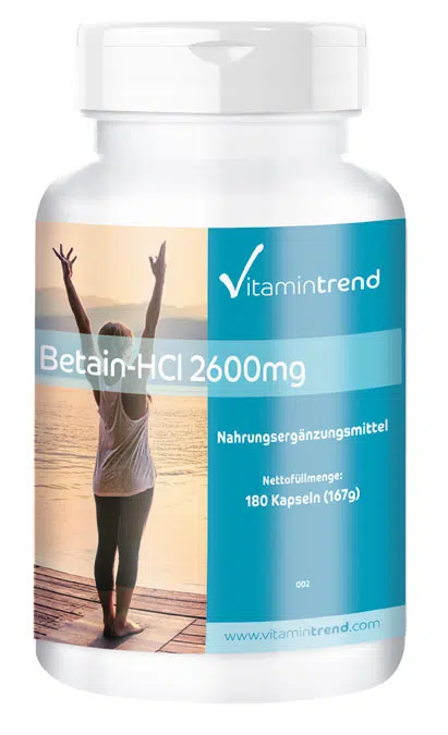 Betaine HCL 2600mg daily intake - 180 capsules, vegan