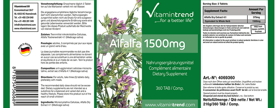 Alfalfa 1500mg dose journalière 360 comprimés, flacon avantageux pour 120 jours, substance pure, végétarien