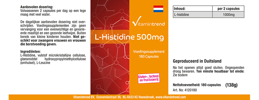 L-Histidin 500mg - hochdosiert - vegan - 180 Kapseln - Großpackung
