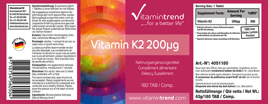 Vitamin K2 200µg 180 Tabletten natürliches Menaquinon MK7, hochdosiert, Großpackung für  1/2  Jahr