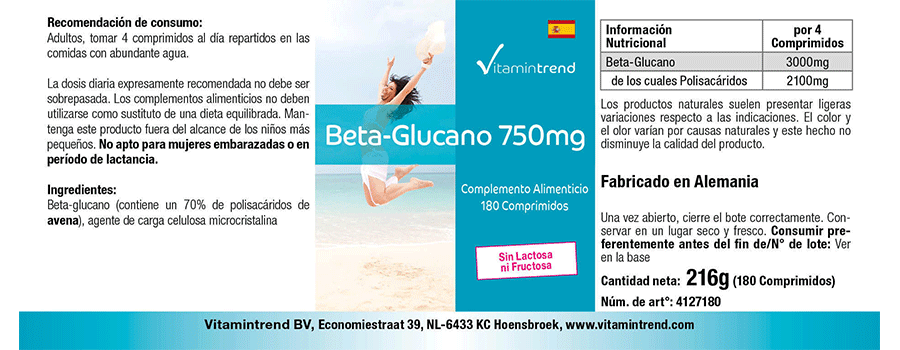 Beta-Glucan 750mg - hochdosiert - 180 Tabletten - Großpackung