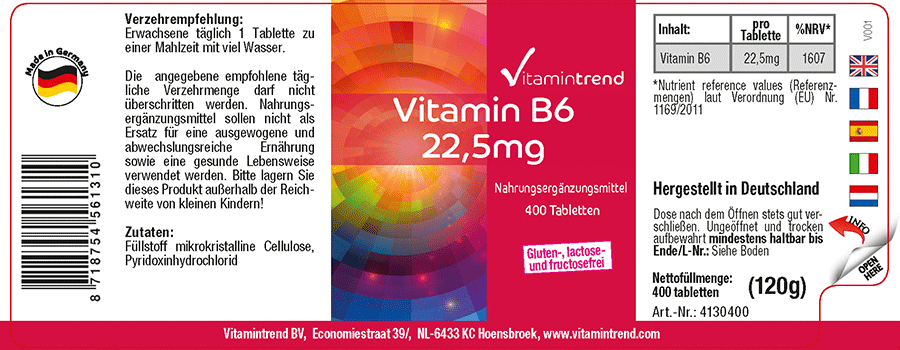 Vitamin B6 22,5mg - vegan - 400 Tabletten - Großpackung