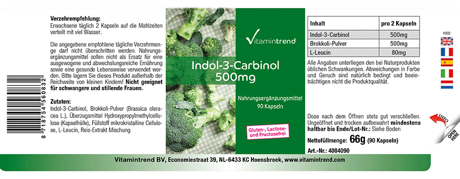 Indol-3-Carbinol 500mg plus Brokkoli-Pulver 500mg - 90 Kapseln, vegan