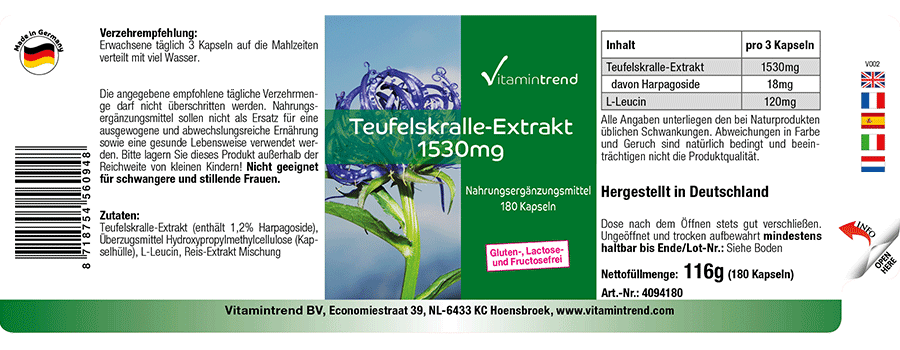 Teufelskrallen-Extrakt 1530mg Tagesverzehr, 180 Kapseln, vegan, 510mg pro Kapsel, 2-Monats-Versorgun
