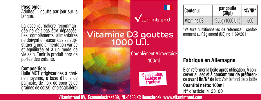 Vitamina D3 liquida 1000 U.I. - 100ml - Bottiglia vantaggiosa