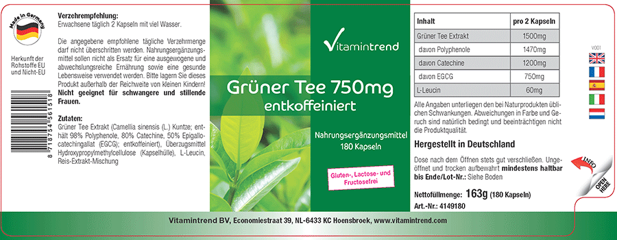 Grüner Tee Extrakt 750mg - hochdosiert - vegan - 180 Kapseln - Großpackung