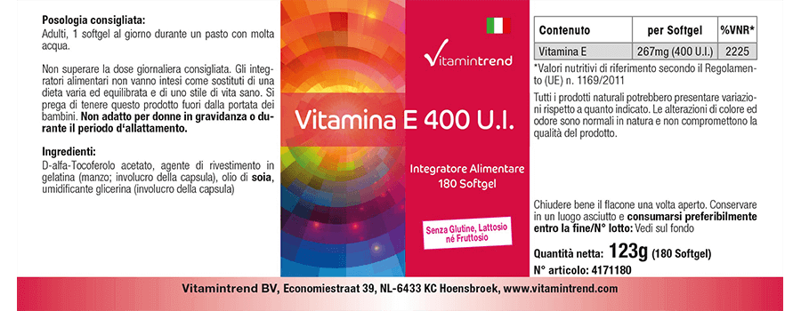 Vitamin E 400 I.E. - hochdosiert - 180 Softgels