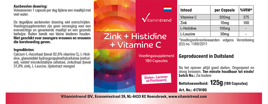 Zinco + Istidina + Vitamina C - 180 Capsule Vegan