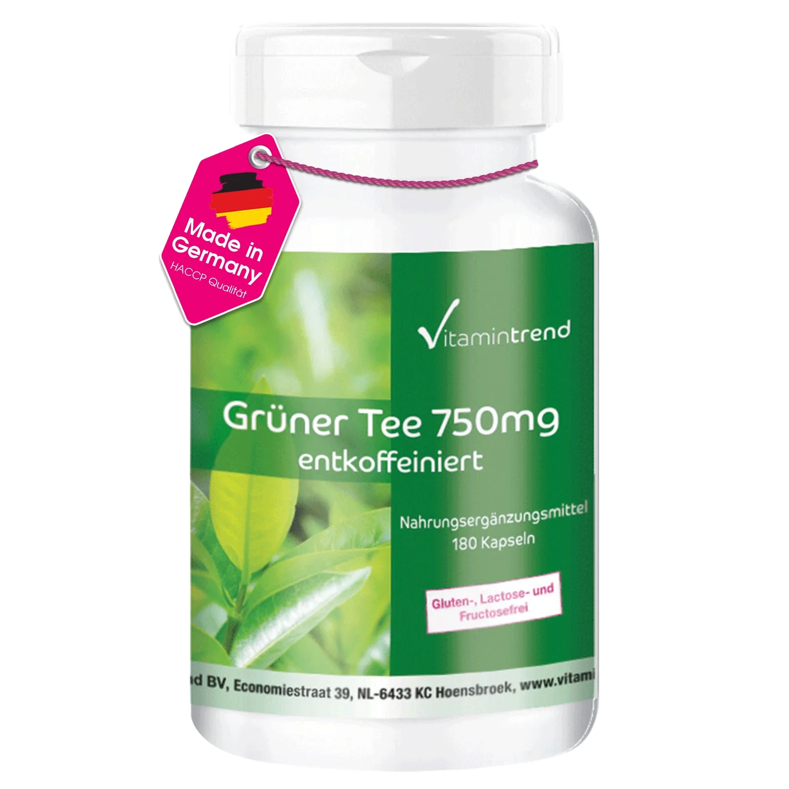 Grüner Tee Extrakt 750mg - hochdosiert - vegan - 180 Kapseln - Großpackung